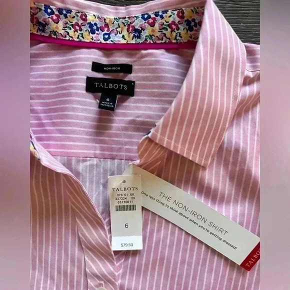 Talbots Perfect Shirt Elbow Length Stripes Floral Pink White No Iron NWT Size 6 - Picture 3 of 8
